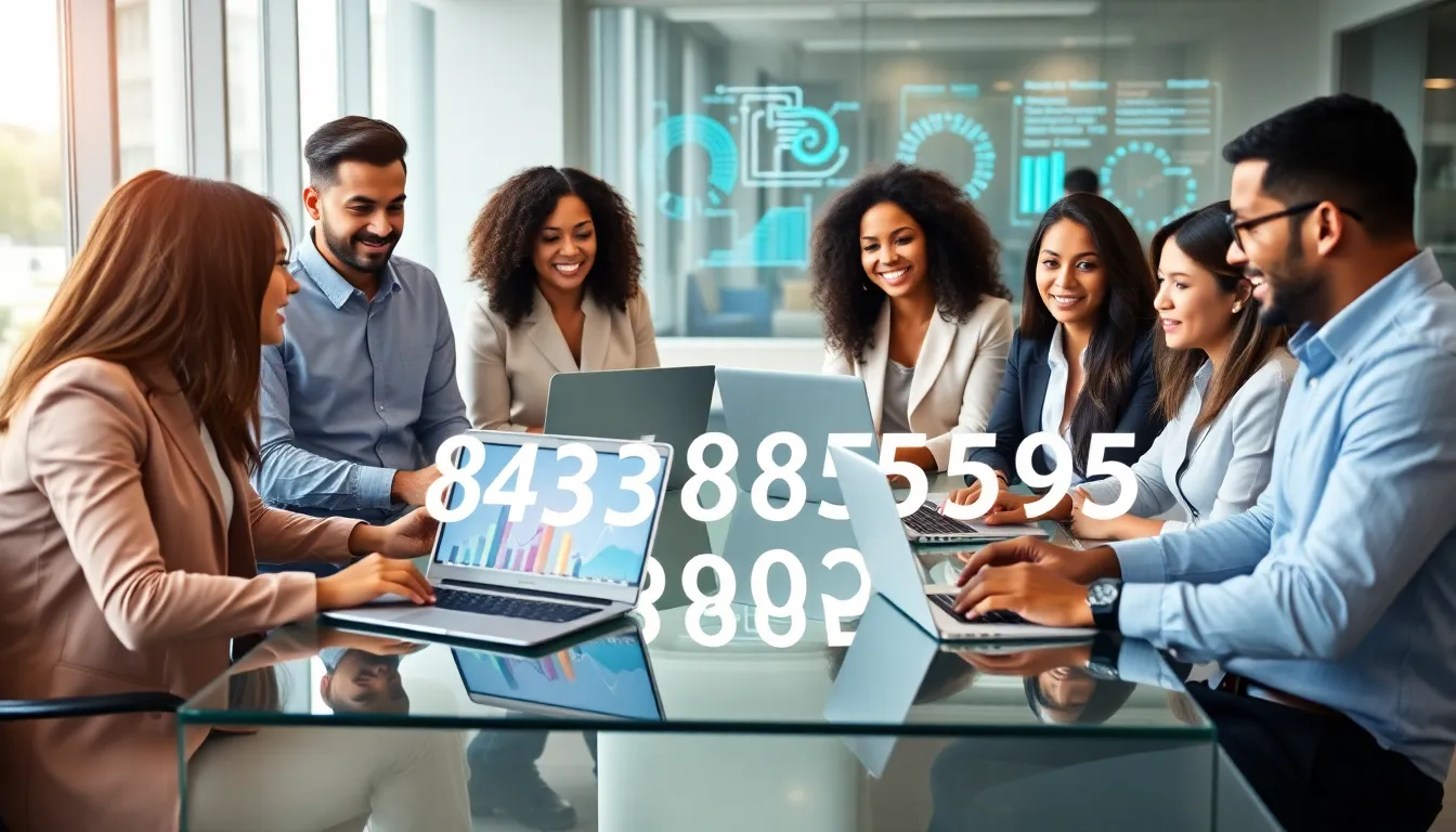 professionals collaborating in a modern office setting focused on data analysis.